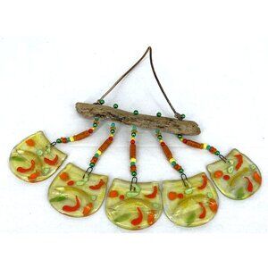 Fused Glass Wind Chime Driftwood Handcrafted Yellow Orange Yard Porch Decor 14"